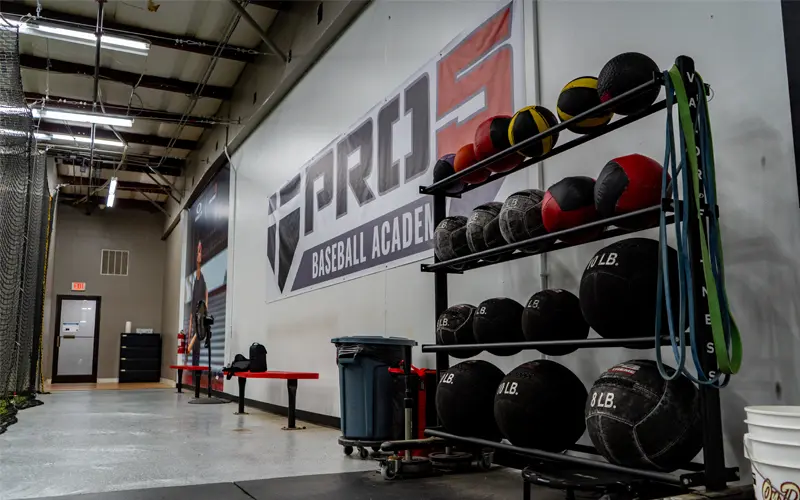 Med balls on a rack at the PRO5 Training Center